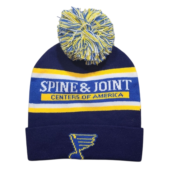 STL Blues Hockey Pom Beanie, Spine & Joint Centers | Blue & Yellow Knit Hat - Picture 1 of 2